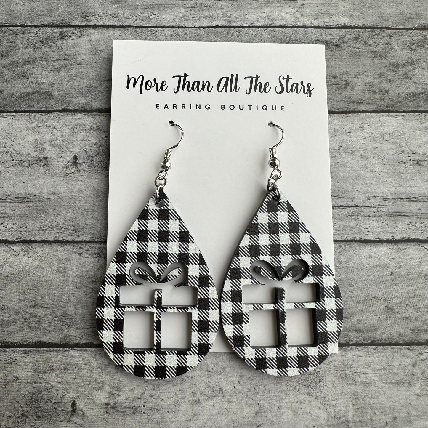 Black and White Plaid Cutout Present Earrings