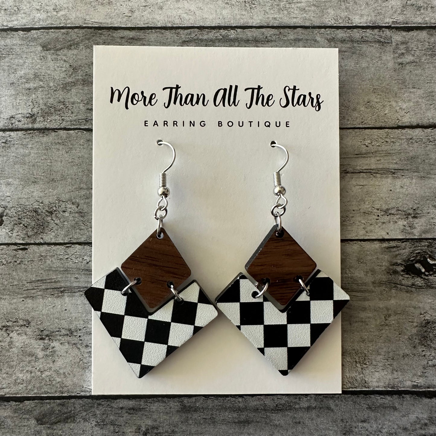 Black and White Checkerboard Split Triangle Earrings