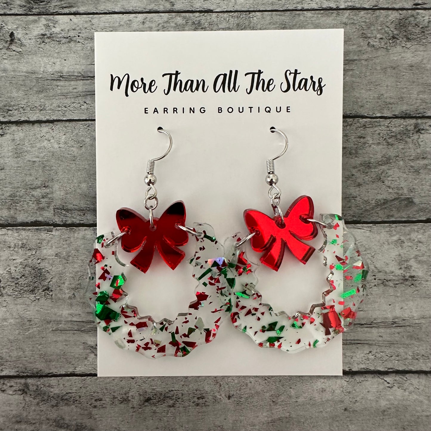 Red and Green Flake Christmas Wreath Earrings