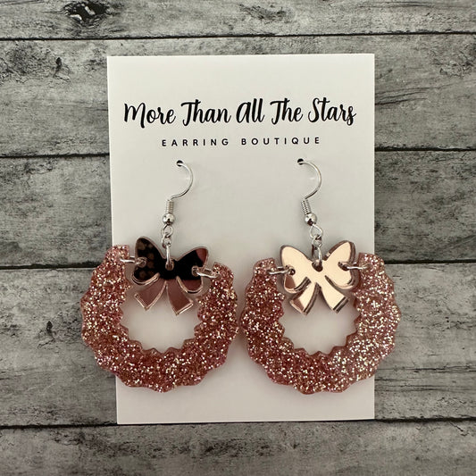 Rose Gold Glitter Christmas Wreath Earrings