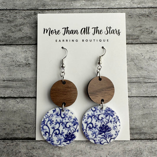 Blue Antique China Circle Earrings