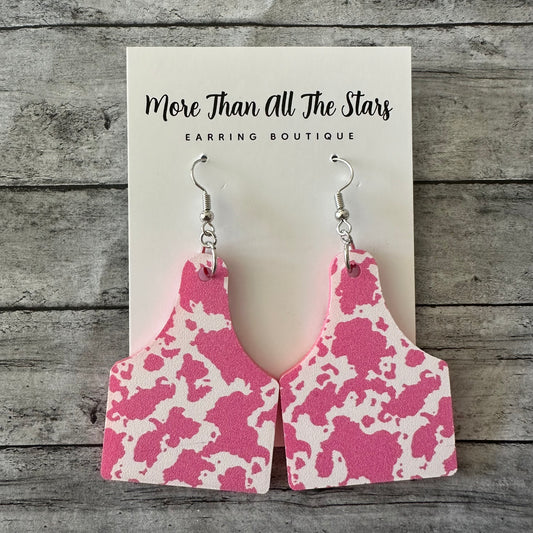 Pink Cow Spot Cow Tag Earrings