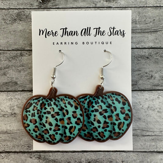 Teal Leopard Pumpkin Earrings