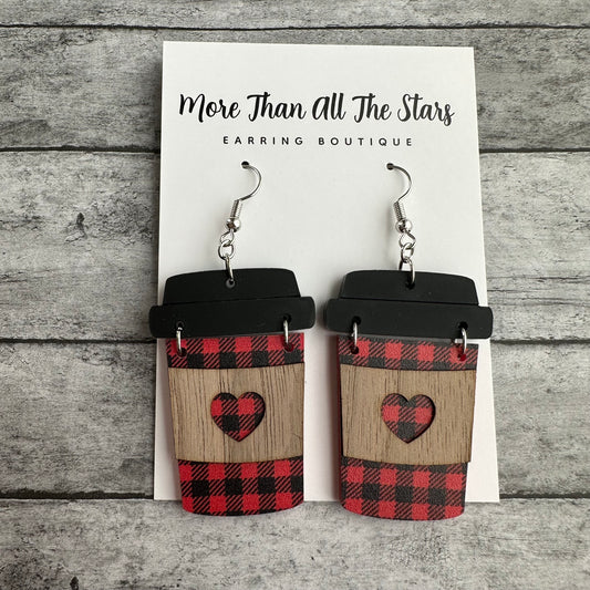 Black and Red Plaid Coffee Cup Earrings