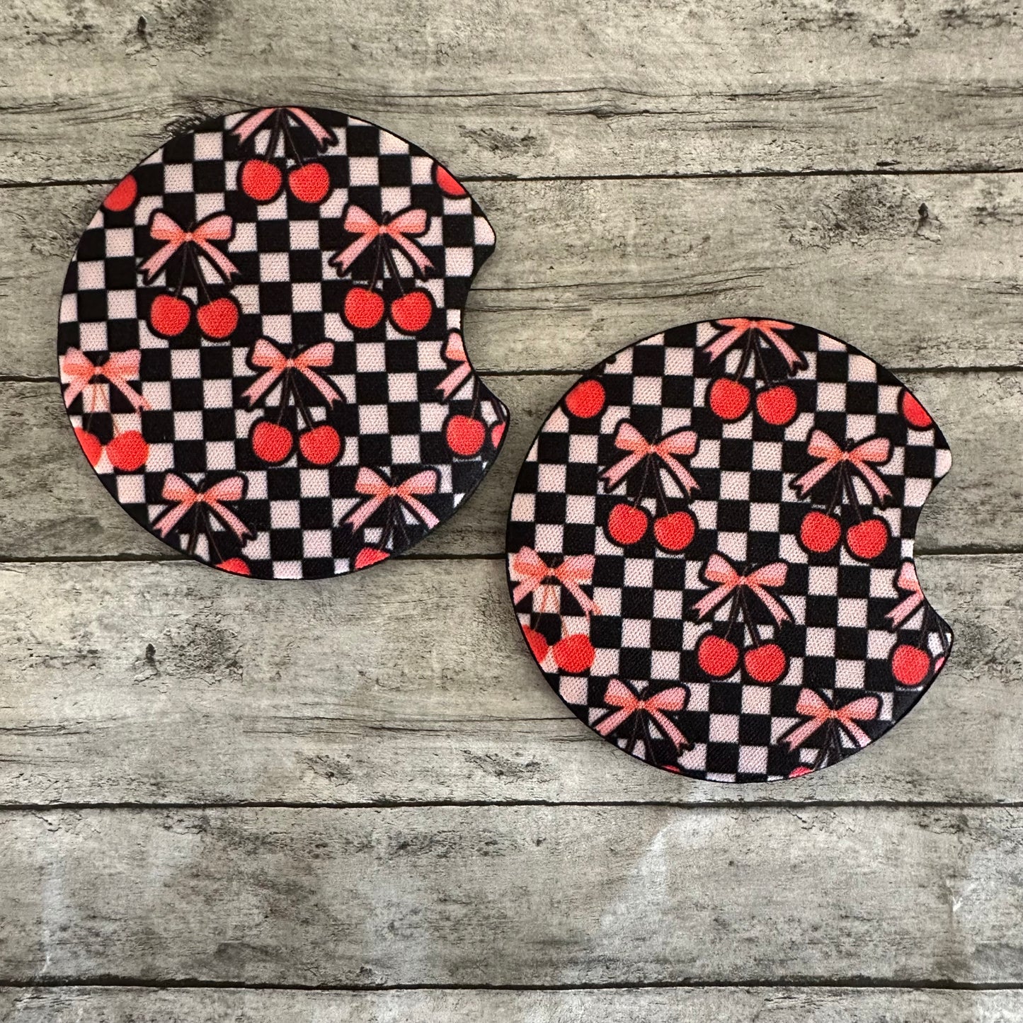 Checkered Cherry Neoprene Car Coaster