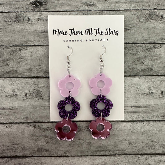 3 Purple Flower Earrings