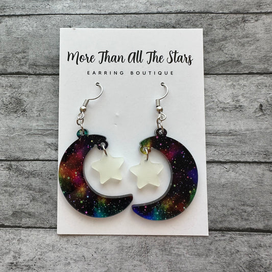 Galaxy Moon and Glow In The Dark Stars Earrings