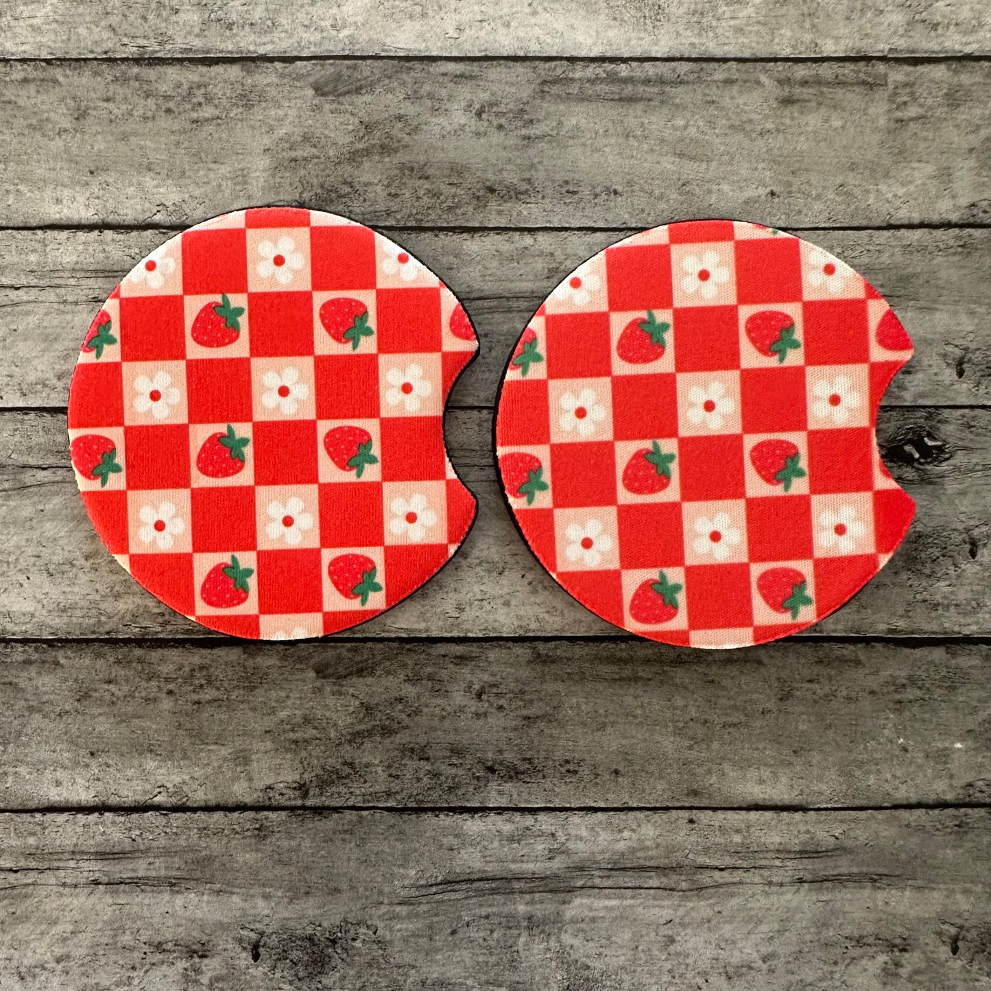Checkered Strawberry Neoprene Car Coaster