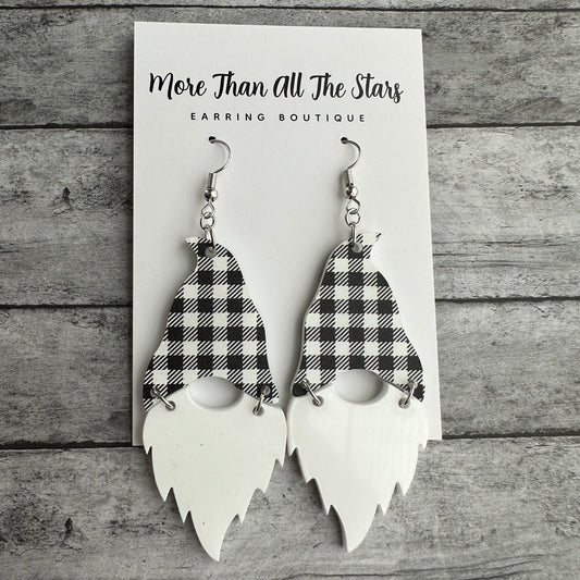 Black and White Plaid Gnome Earrings