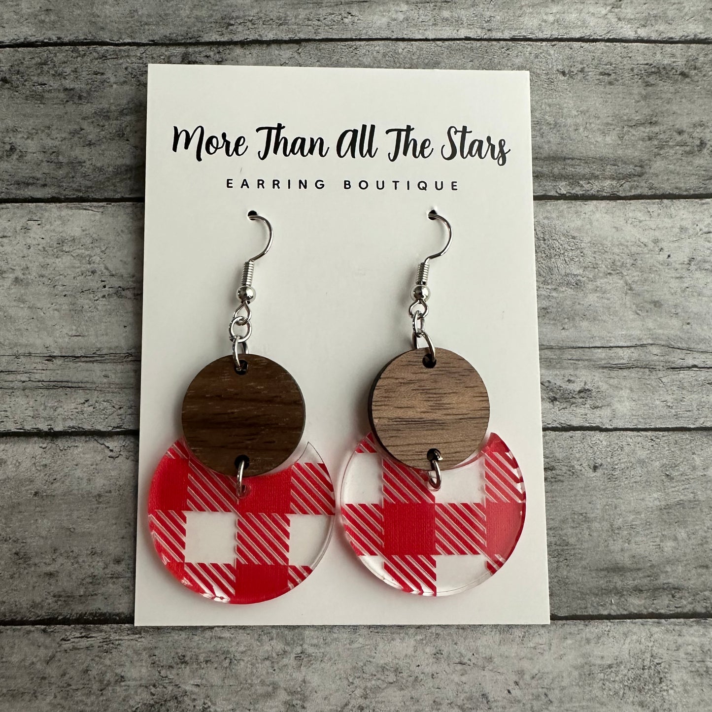 Red Plaid Crescent Circle Earrings