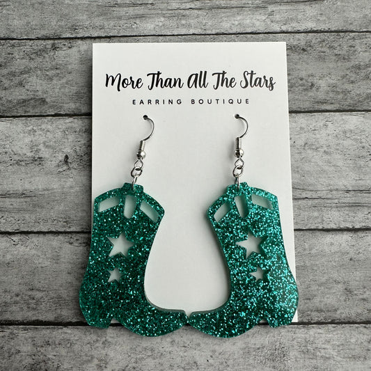 Teal Glitter Cowboy Boot Earrings