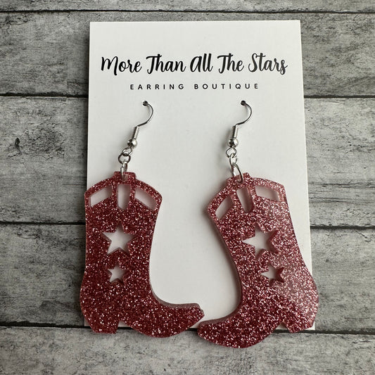 Pink Glitter Cowgirl Boot Earrings