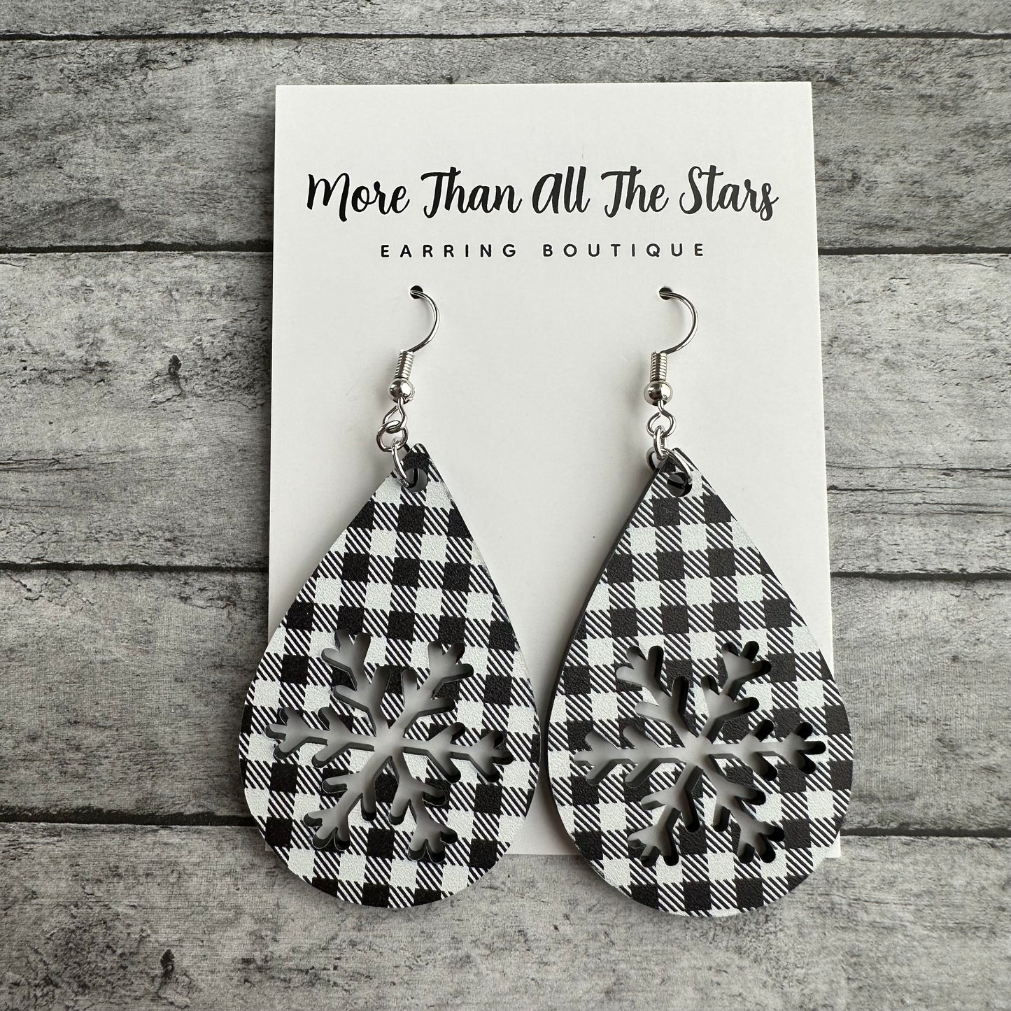 Black and White Plaid Cutout Snowflake Earrings