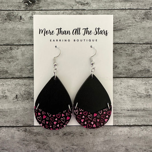 Black and Pink Heart Split Teardrop Earrings