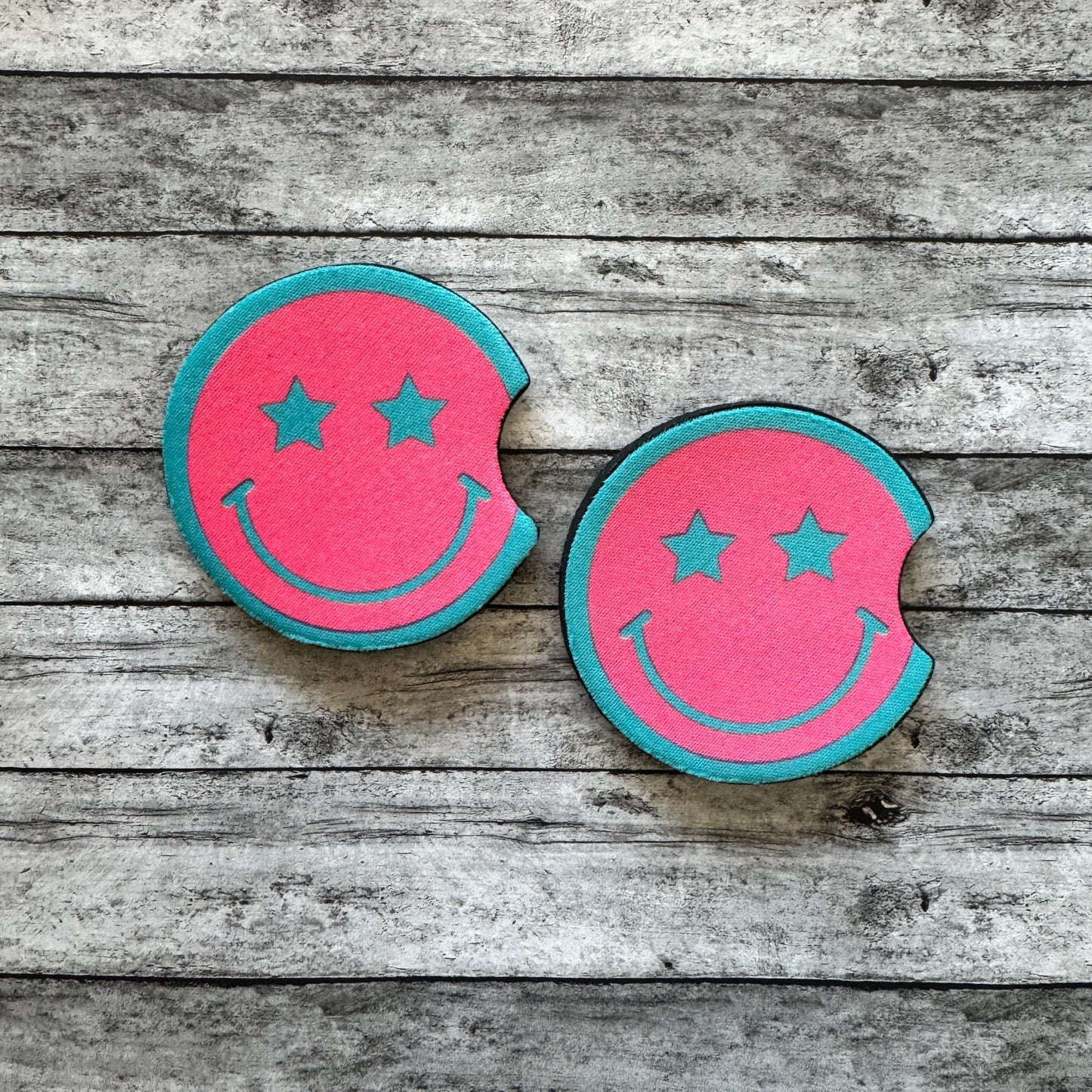 Pink and Teal Smiley Neoprene Car Coaster