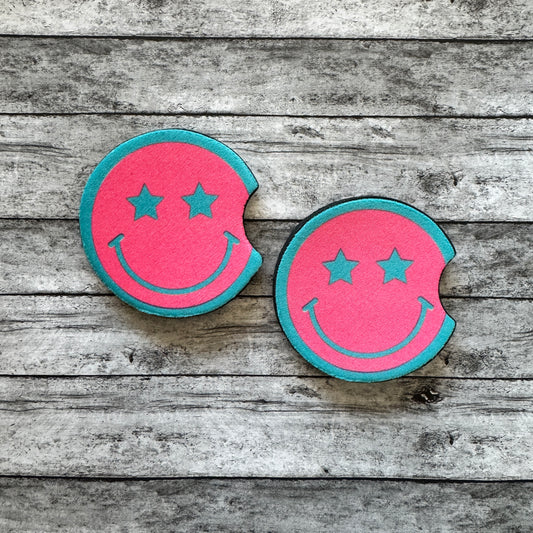 Pink and Teal Smiley Neoprene Car Coaster