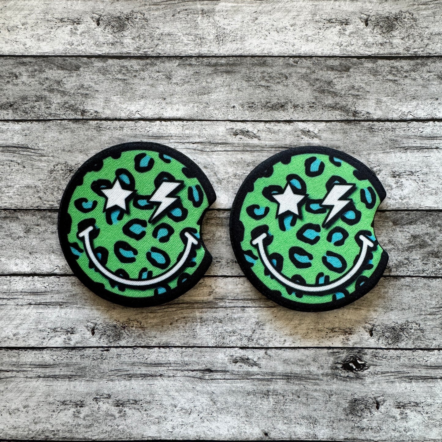 Green Leopard Smiley Neoprene Car Coaster