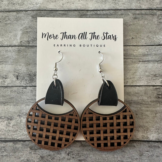 Basket Weave Leather and Wood Earrings