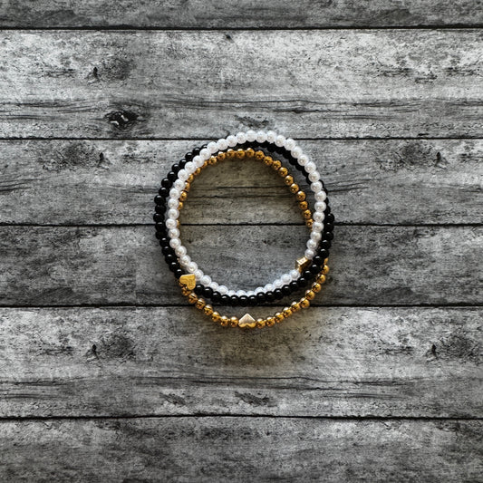 Black, Pearl, Gold with Hearts 3 Bracelet Set