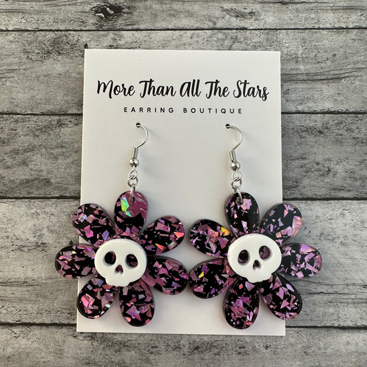 Purple Flake Skull Flower Earrings