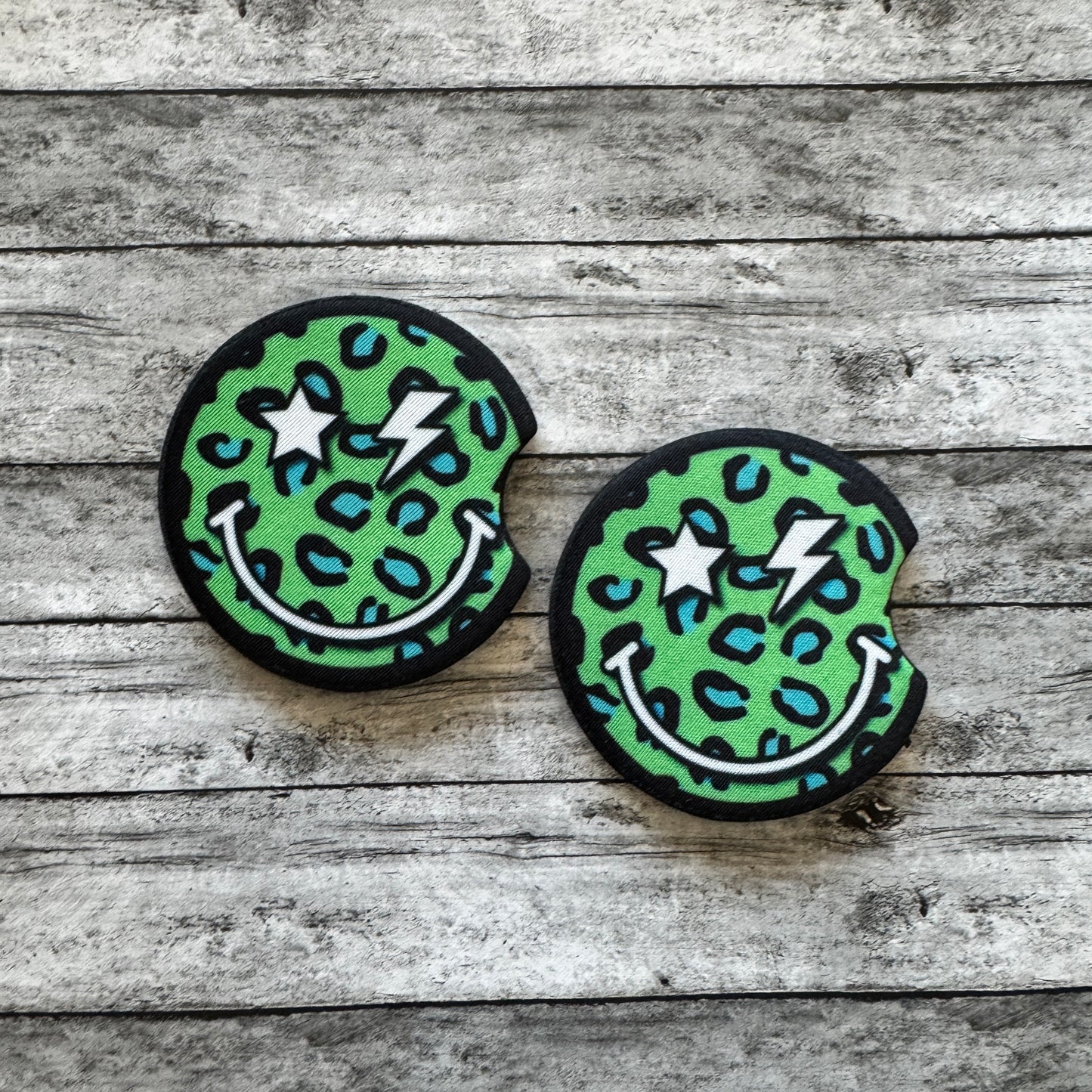 Green Leopard Smiley Neoprene Car Coaster
