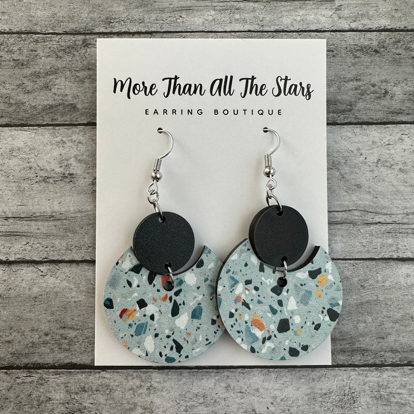 Blue Terrazzo Crescent Circle Earrings