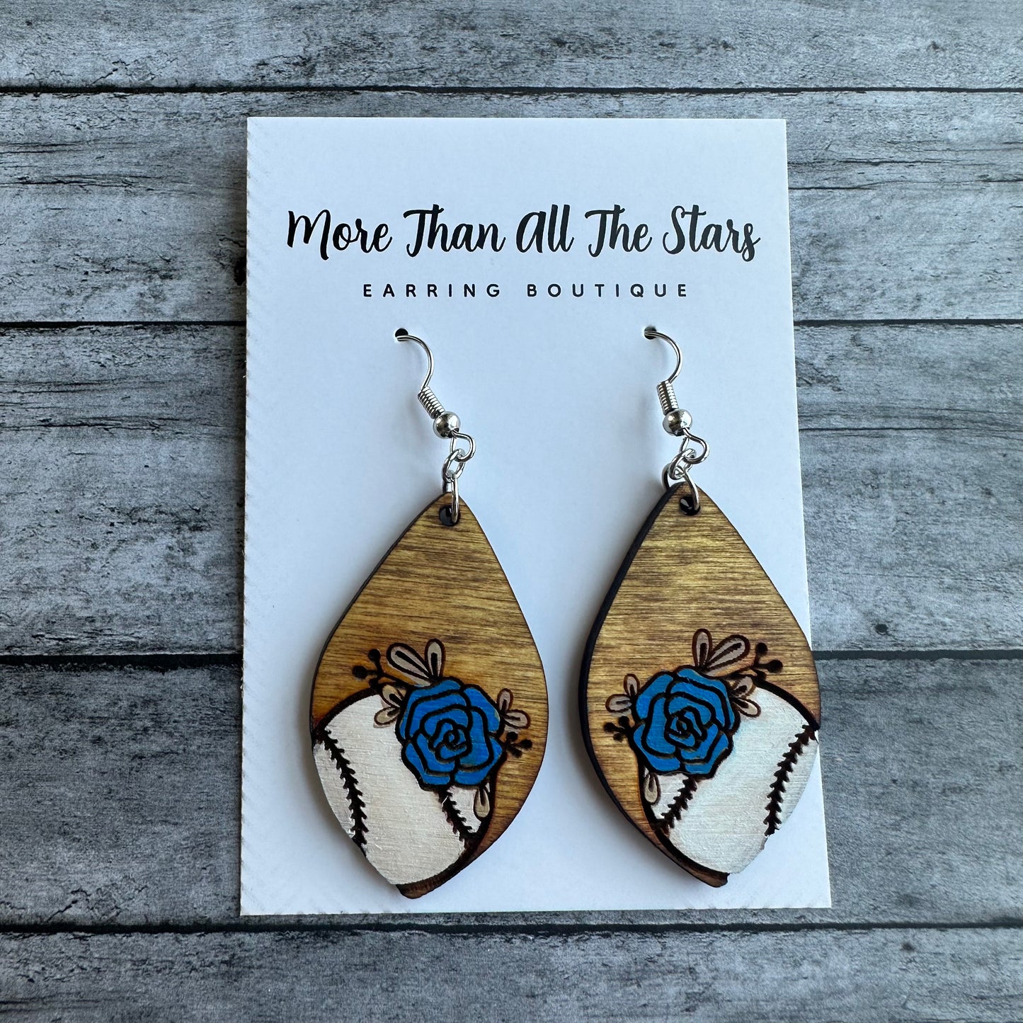 Baseball Blue Rose Earrings