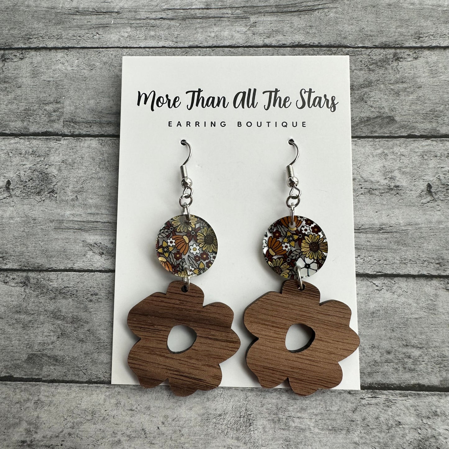 Retro Floral Wood Flower Earrings