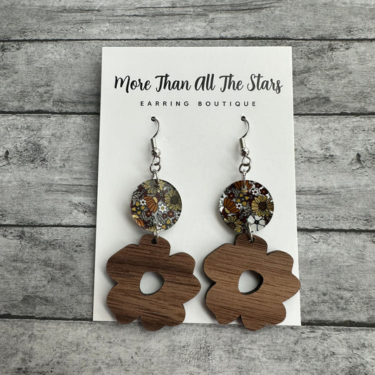 Retro Floral Wood Flower Earrings