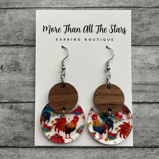 Rooster Crescent Circle Earrings