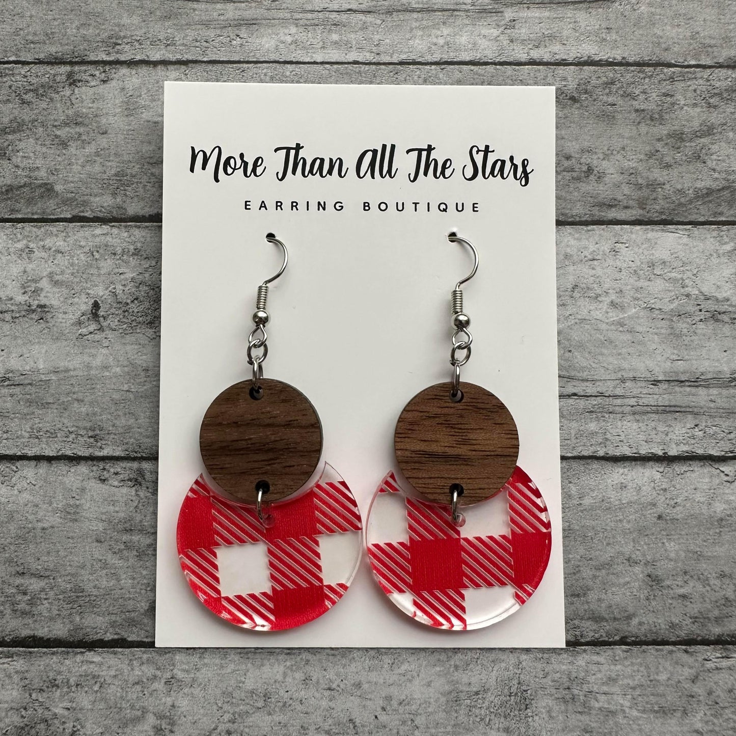 Red Plaid Crescent Circle Earrings