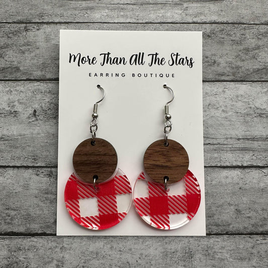 Red Plaid Crescent Circle Earrings