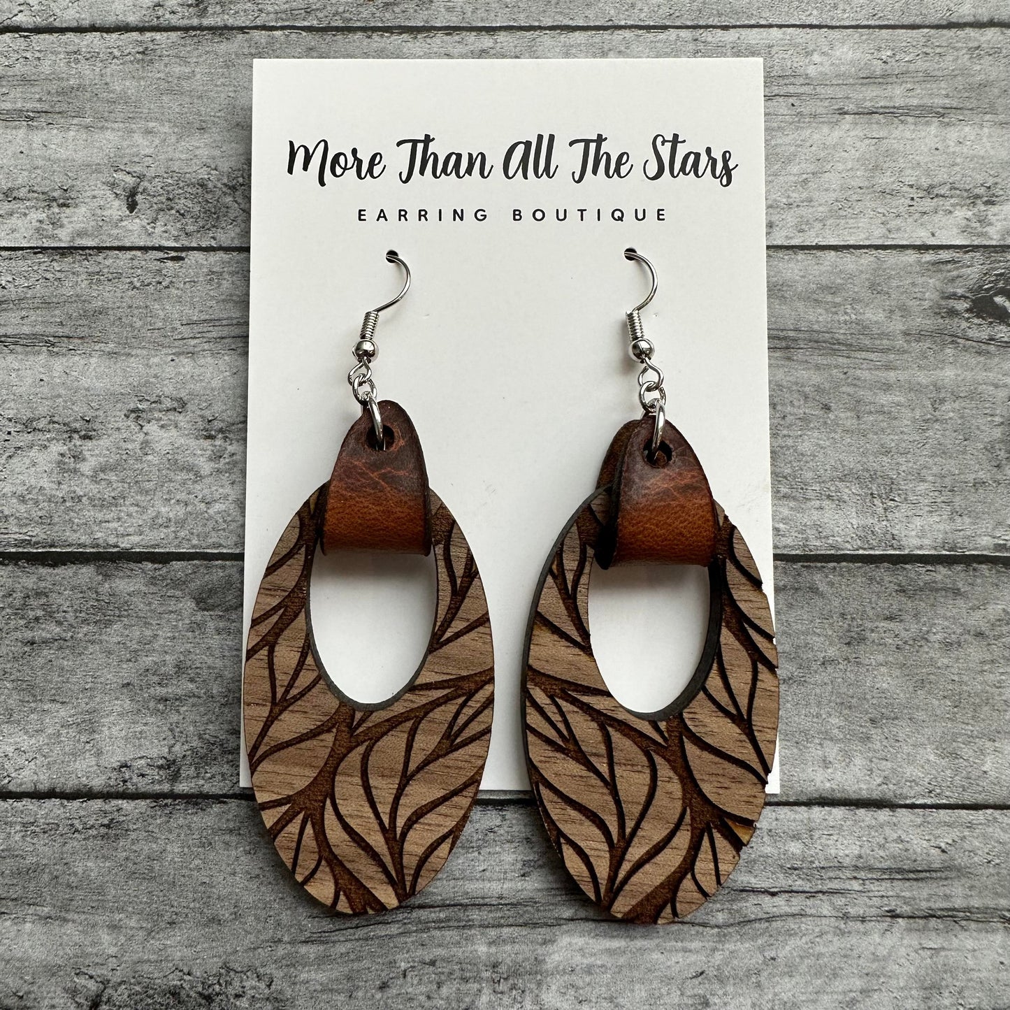 Oval Engraved Leaf Wood and Leather Earrings