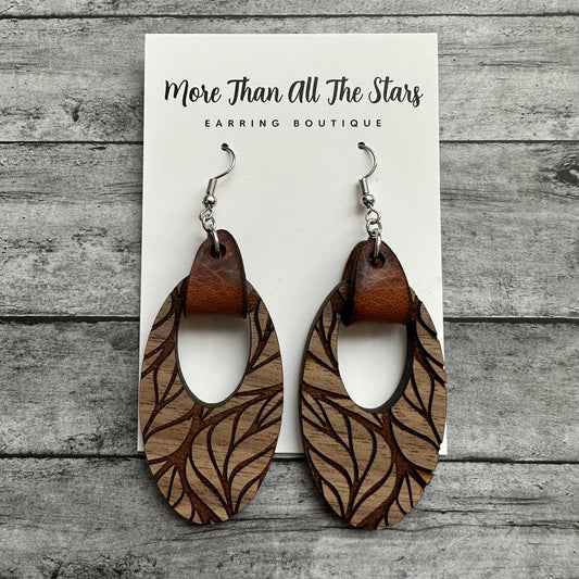 Oval Engraved Leaf Wood and Leather Earrings