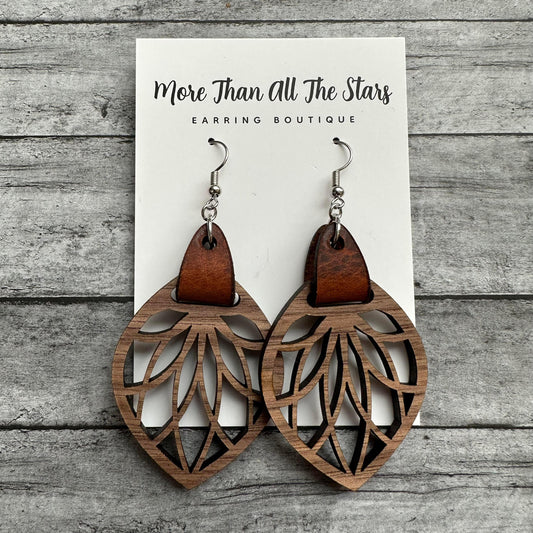 Drop Flower Wood and Leather Earrings