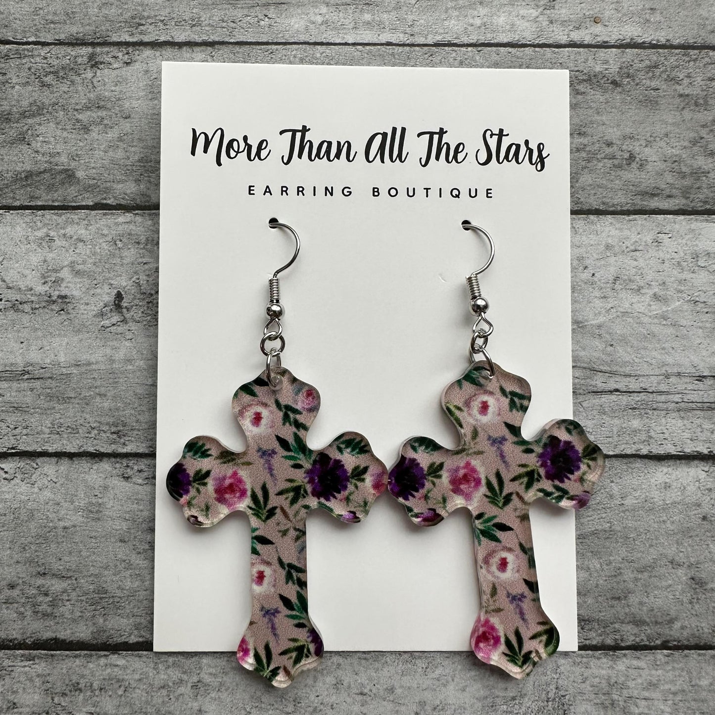 Easter Purple Floral Cross Earrings