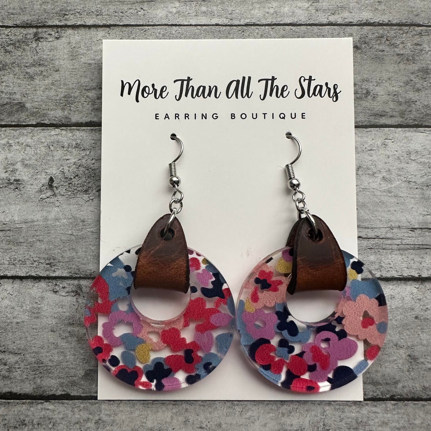 Navy Colorful Floral Acrylic and Leather Earrings