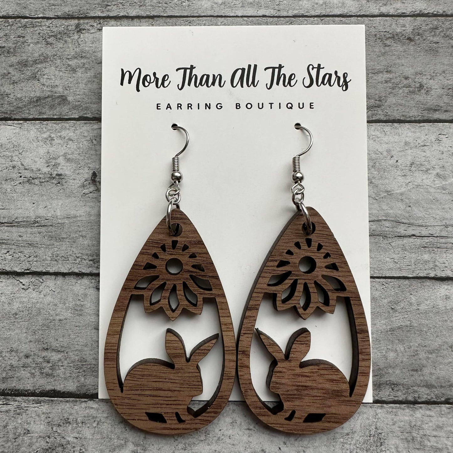 Easter Wood Teardrop Bunny Earrings