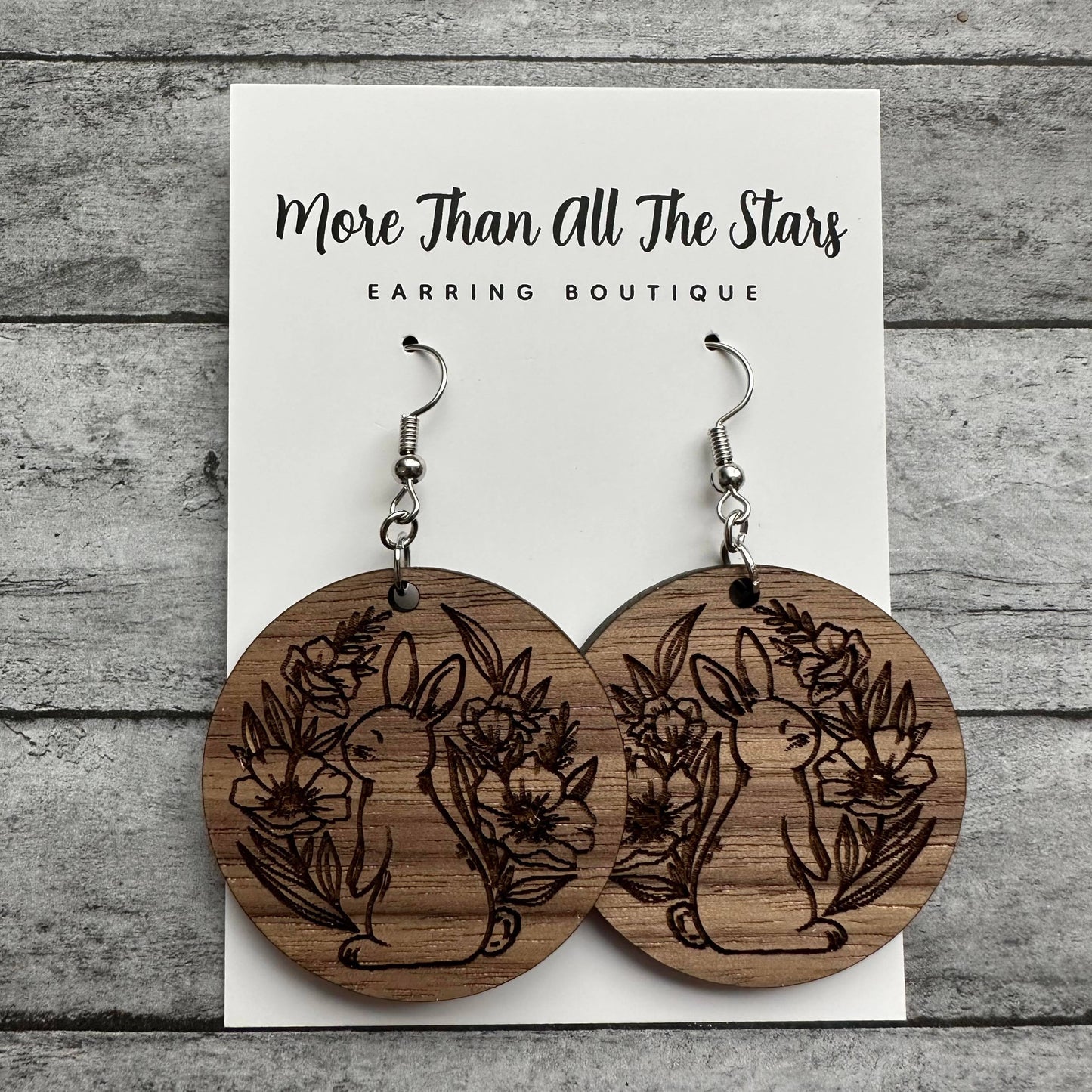 Easter Wood Floral Bunny Earrings