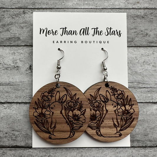 Easter Wood Floral Bunny Earrings