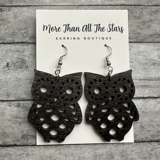 Black Wood Owl Earrings