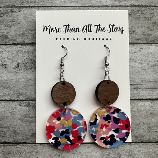 Navy Colorful Floral Circle Earrings