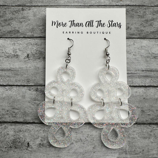 White Glitter Split Teardrop Earrings