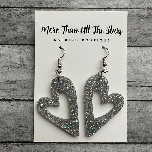 Valentine's Day Silver Glitter Cutout Heart Earrings