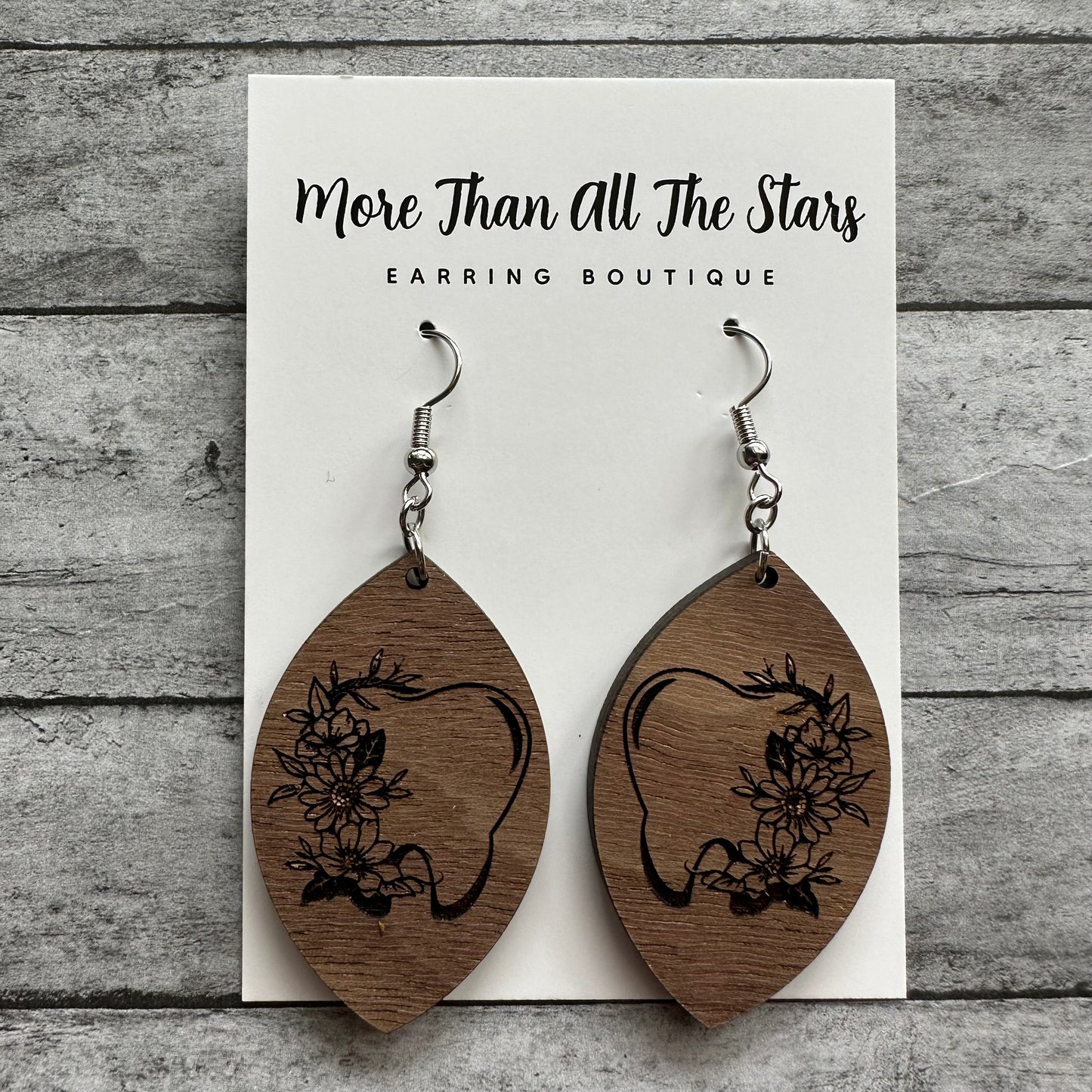 Wood Floral Tooth Earrings