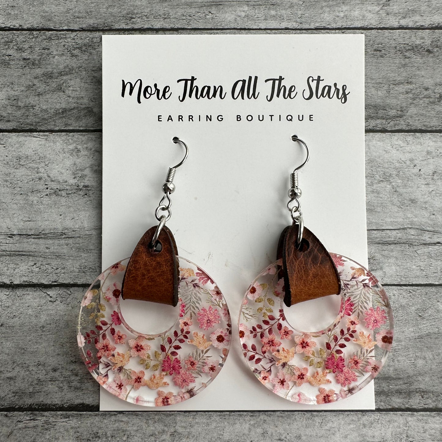Pink Floral Acrylic and Leather Earrings