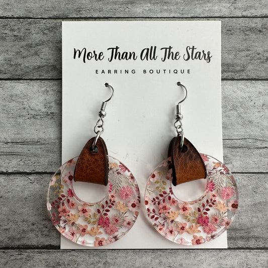 Pink Floral Acrylic and Leather Earrings