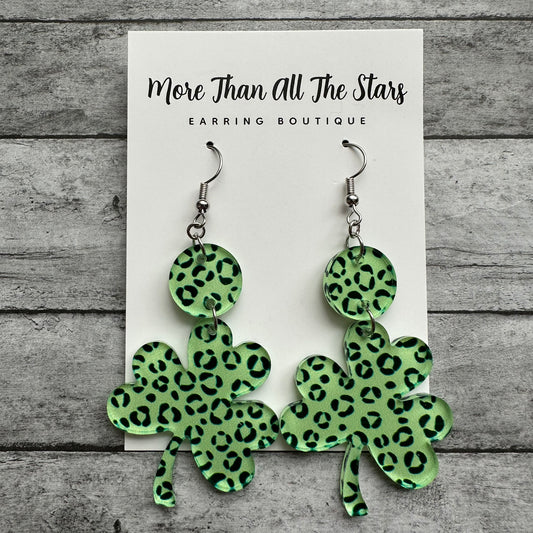 St. Patrick's Day Clear Acrylic Green Leopard Shamrock Earrings