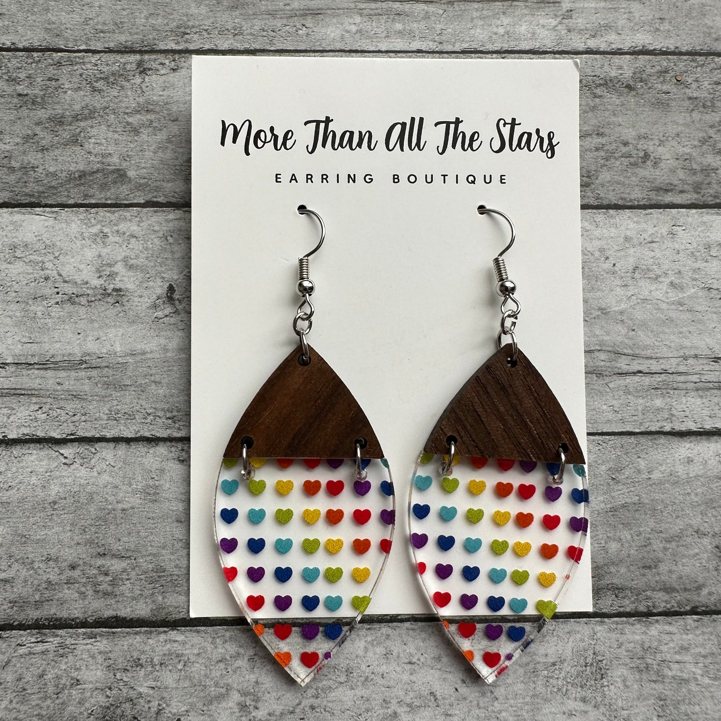 Rainbow Hearts Walnut Top Earrings