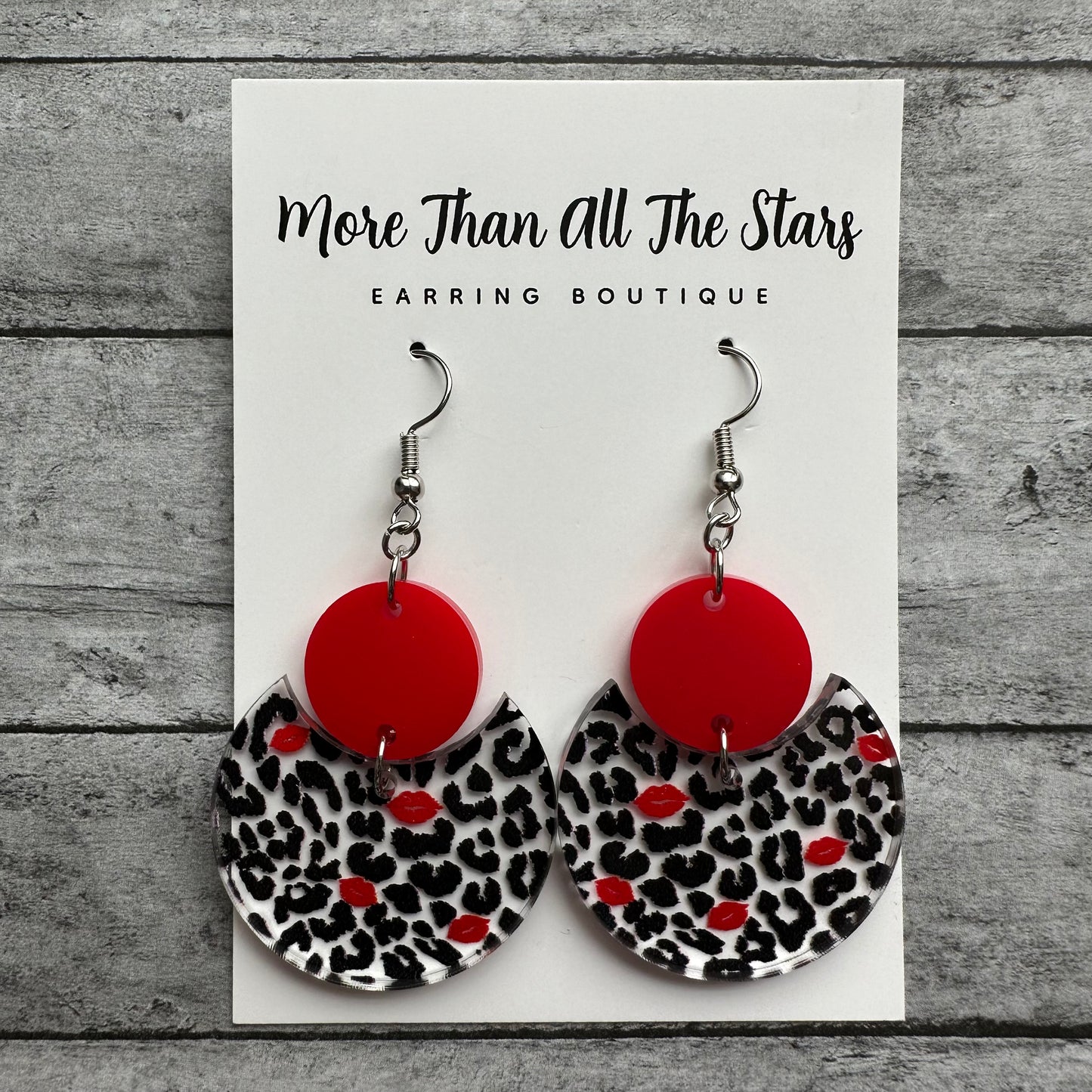 Valentine's Day Black Leopard Red Lips Circles Earrings